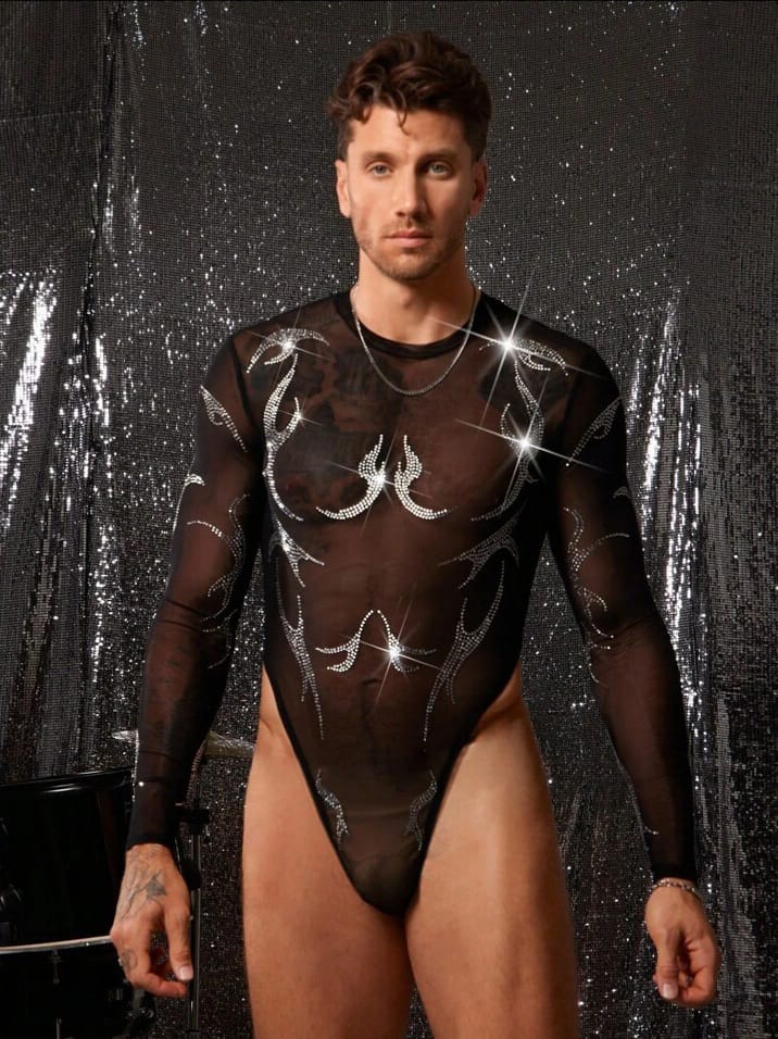 Crystal-City Men's Semi-Sheer Sexy Crew Neck Long Sleeve Bodysuit